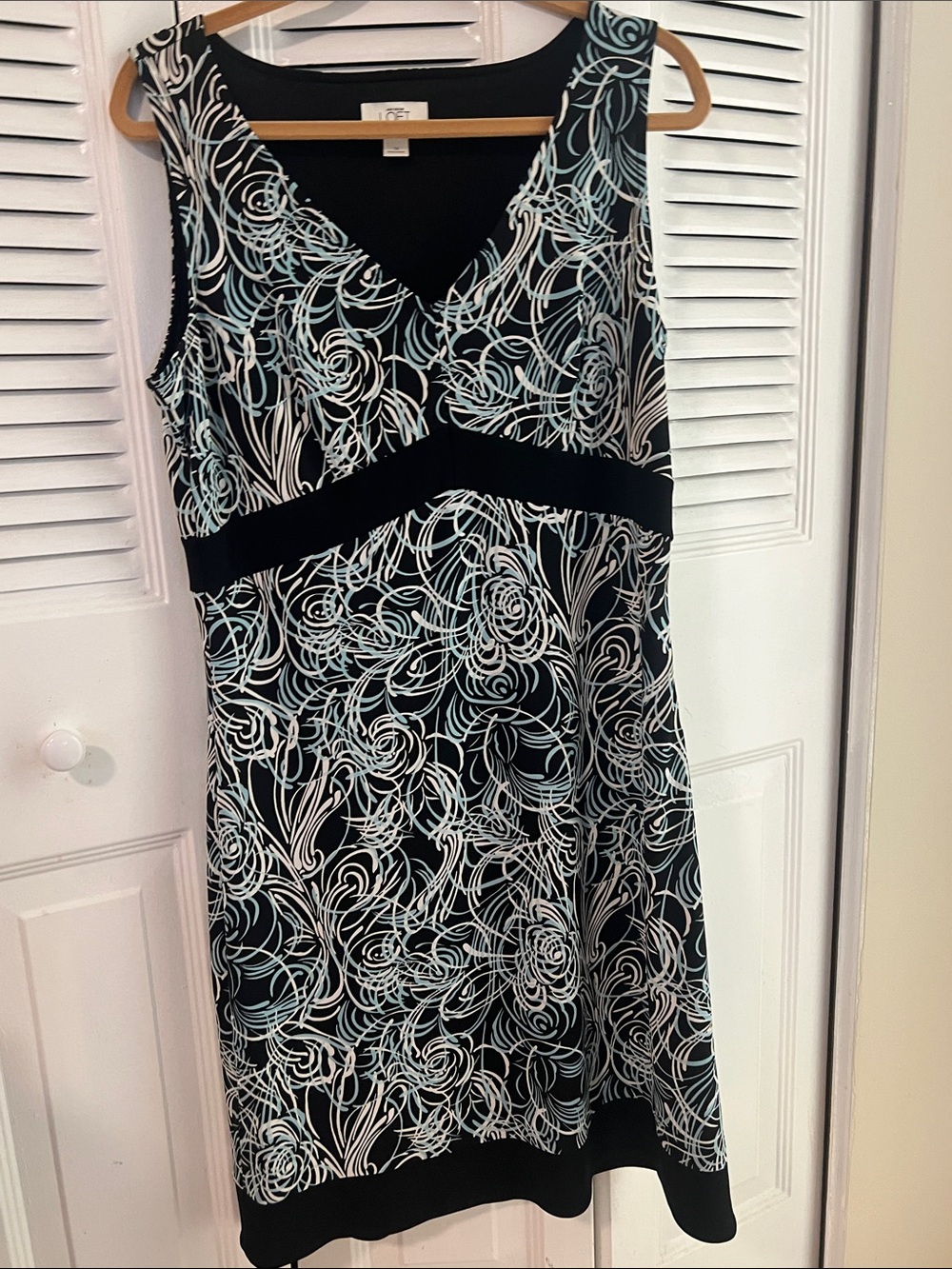 Ann Taylor Black Dress with White and Light Blue Floral Swirl Print